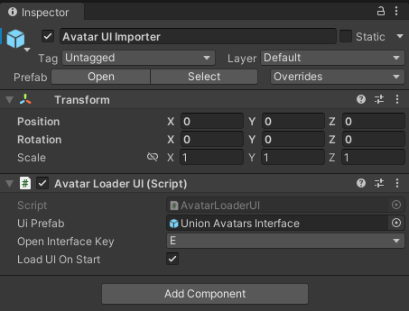 Inspector of the Avatar UI prefab